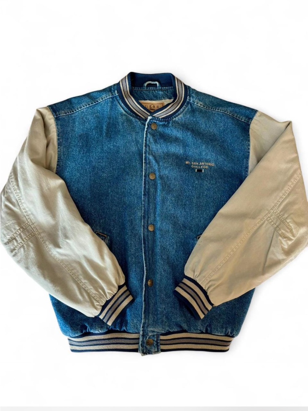 Vintage Gear For Sports Blue Denim and Cream Varsity Jacket